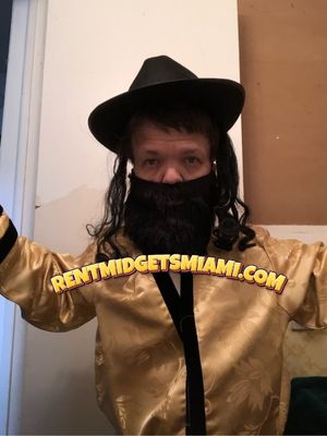 Little person entertainer dressed in a rabbi costume for a cultural-themed event in Miami