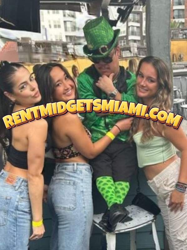 Little person dressed as a St Patrick’s Day leprechaun entertainer in Miami